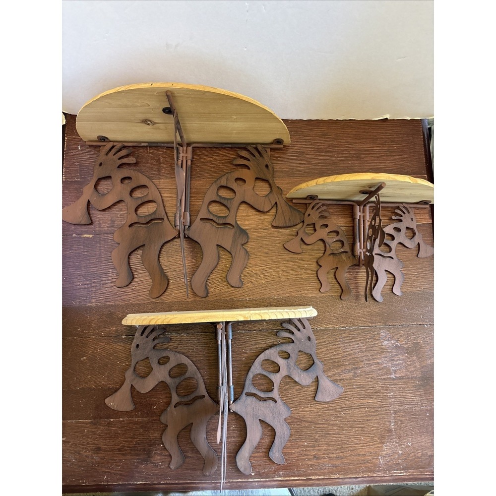 Vintage Set Of 3 Kokopelli Wood And Metal Shelf Half Moon Southwest 13", 11", 9"